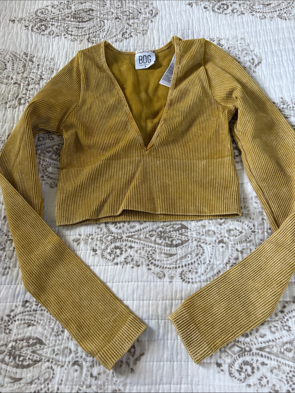 BDG Mustard Ribbed V-Neck Long Sleeve Crop Top NWOT